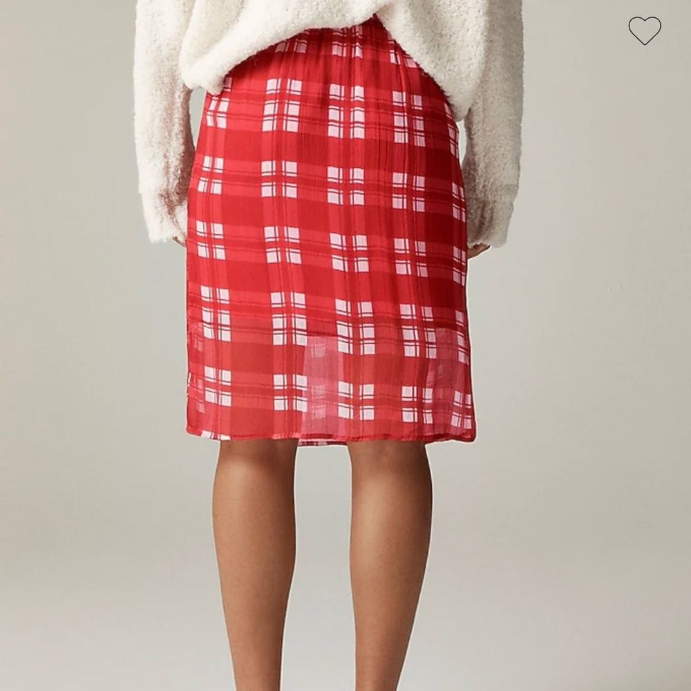 NWT J Crew red check chiffon knee length skirt - Picture 3 of 8
